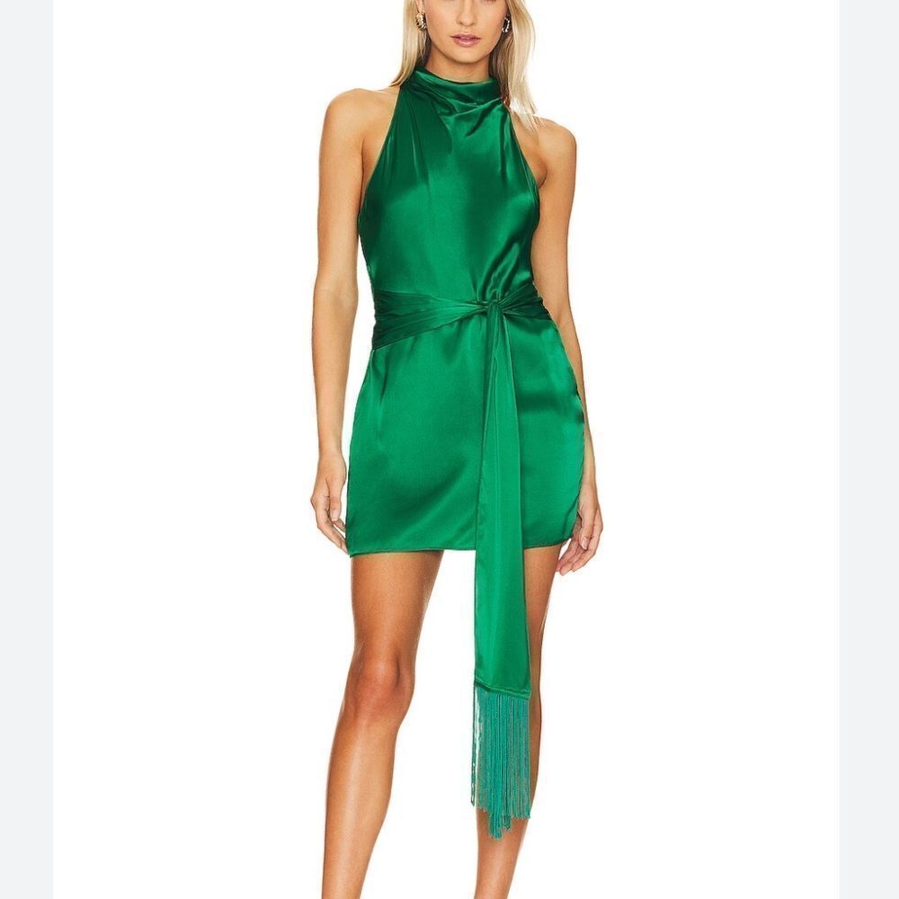 Amanda Uprichard X Revolve Sandrine Fringe Dress Dark green silk mini sash XS